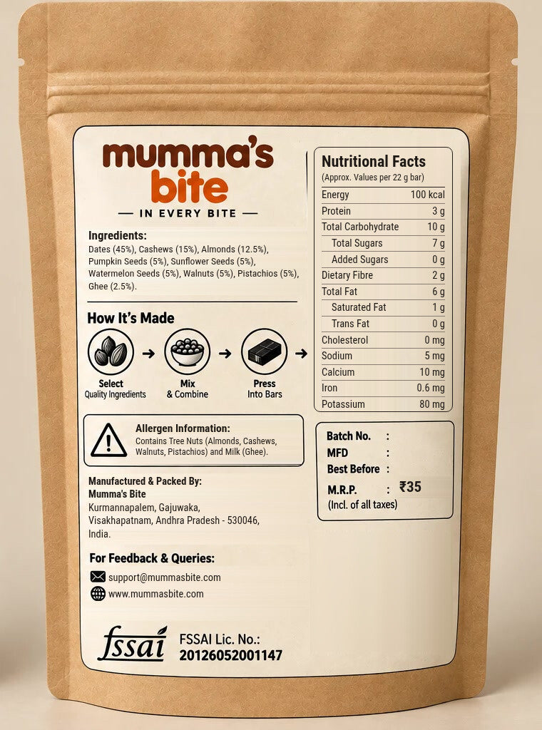 Mumma's Bite Dry Fruit Energy Bar pouch, back label with ingredients, allergens and nutrition per 22 g bar