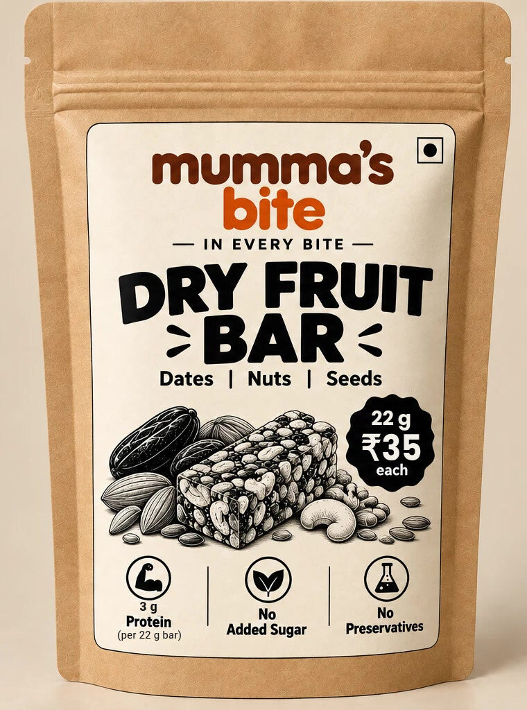 Mumma's Bite Dry Fruit Energy Bar pouch, front: 22 g bar, ₹35 each