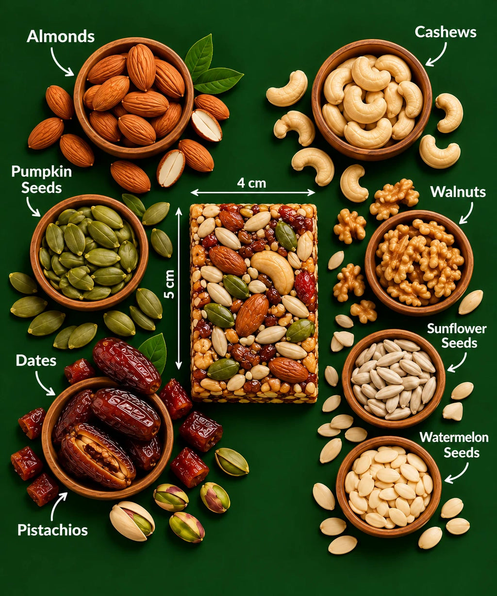 The Dry Fruit Energy Bar (about 4 × 5 cm) surrounded by its ingredients: almonds, cashews, pumpkin seeds, walnuts, dates, sunflower seeds, watermelon seeds and pistachios