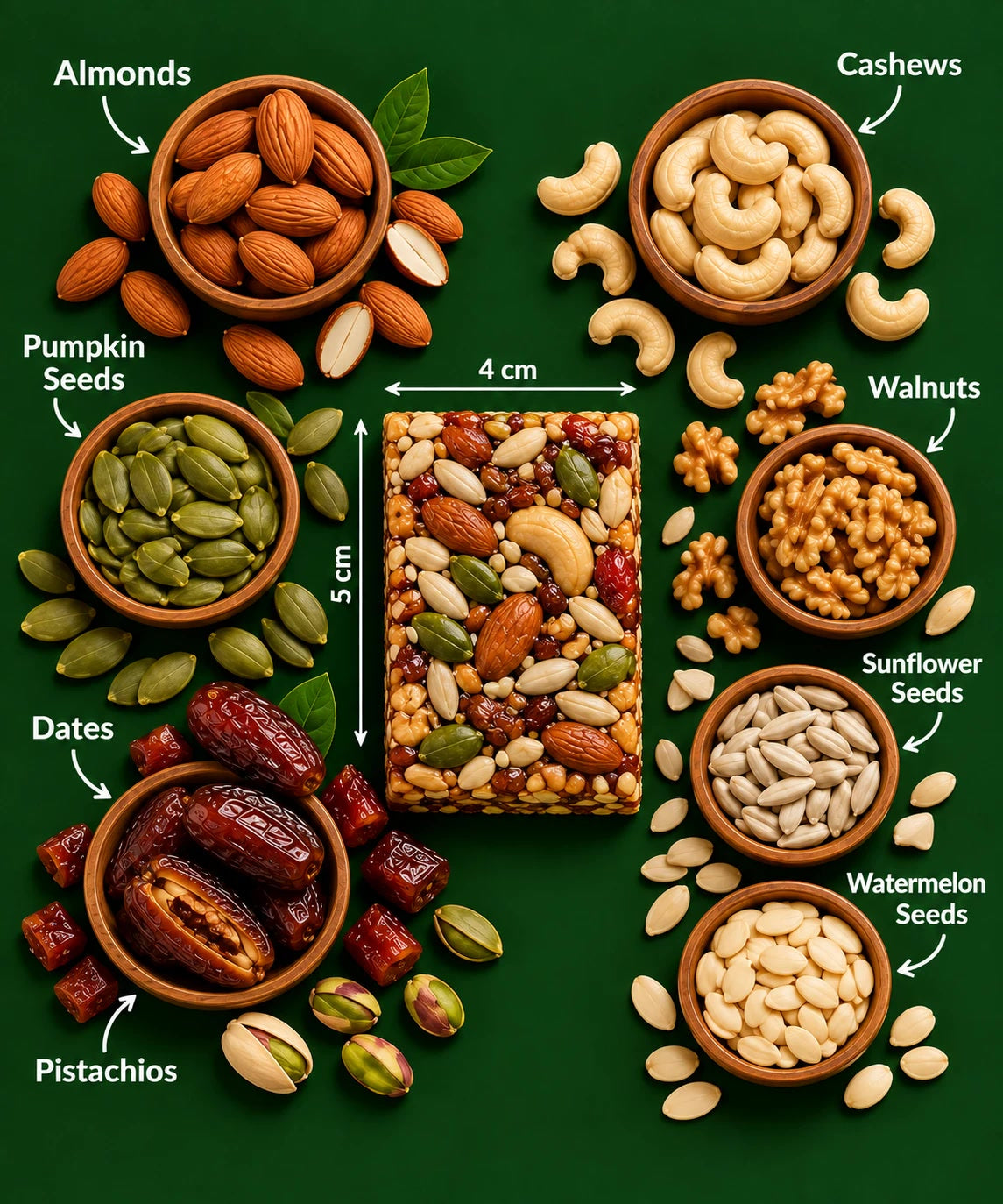 The Dry Fruit Energy Bar (about 4 × 5 cm) surrounded by its ingredients: almonds, cashews, pumpkin seeds, walnuts, dates, sunflower seeds, watermelon seeds and pistachios
