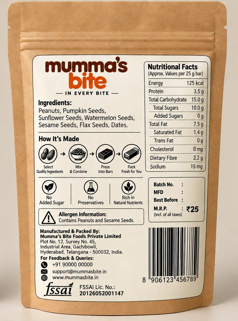 Mumma's Bite Multi-Seed Energy Bar pouch, back label with ingredients and nutrition