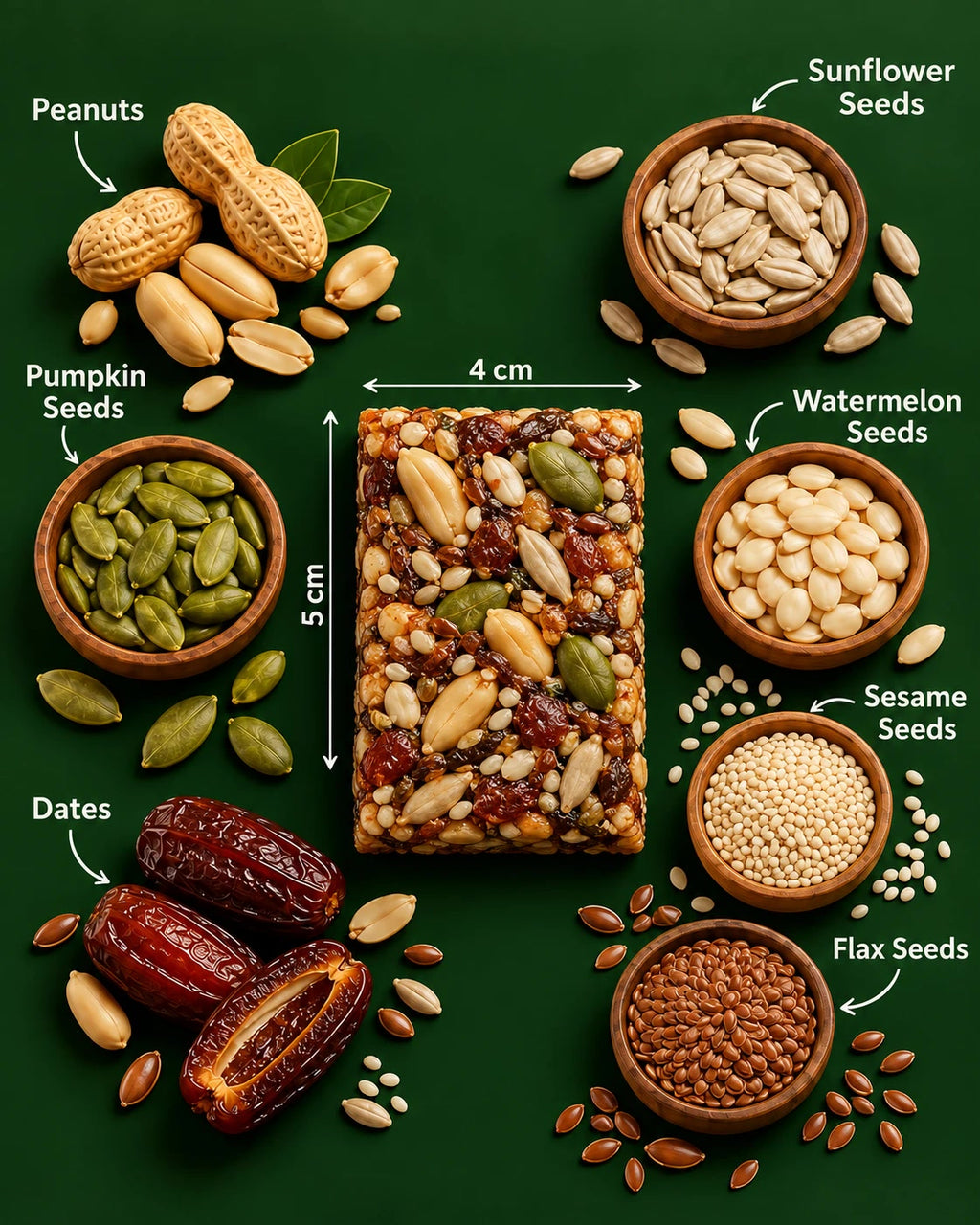 The Multi-Seed Energy Bar (about 4 × 5 cm) surrounded by its ingredients: peanuts, pumpkin, sunflower, watermelon, sesame and flax seeds, and dates