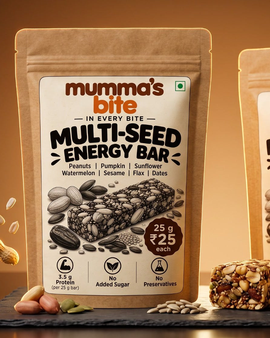 Mumma's Bite Multi-Seed Energy Bar pouch with a bar, peanuts and seeds